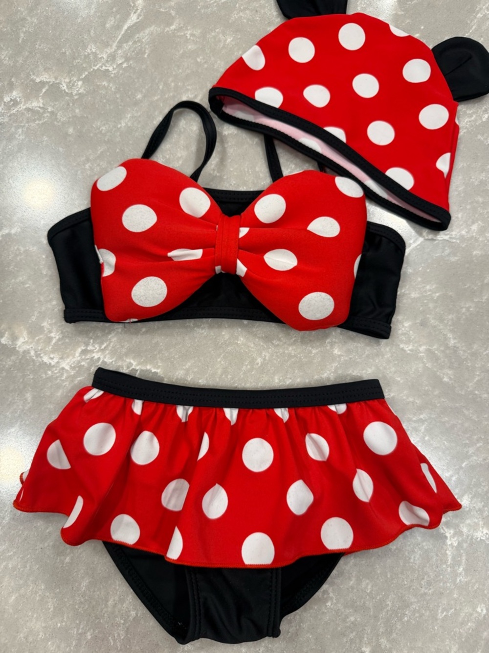 Girls Minnie Inspired Polka Dot Bikini Set Hat Bow Red Black Size 3T